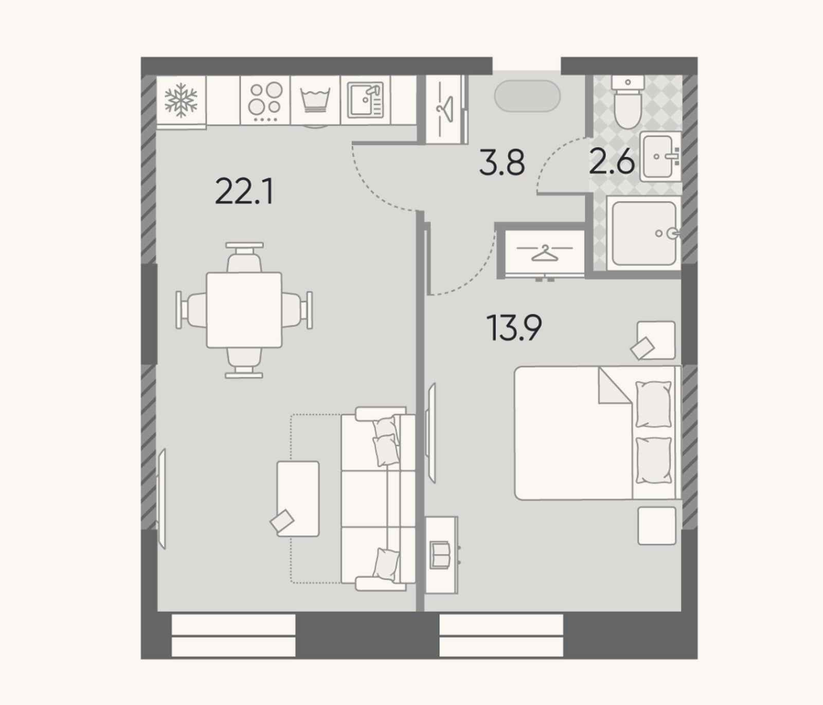 Планировка: 2-к, 42,4 м²