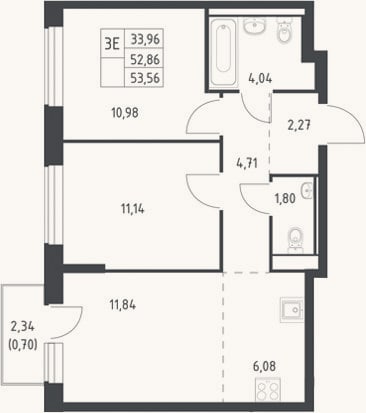 Планировка: 3-к, 52,9 м²