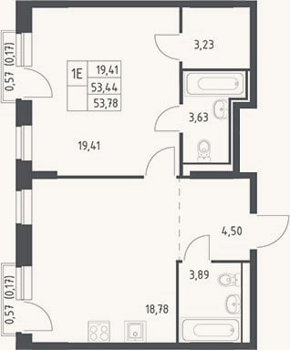 Планировка: 2-к, 53,4 м²