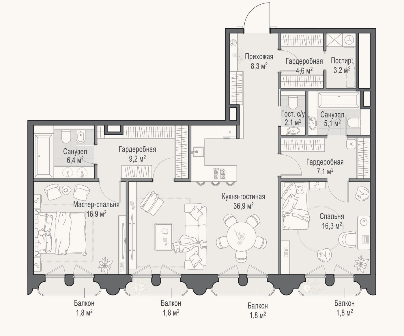 Планировка: 3-к, 119,7 м²