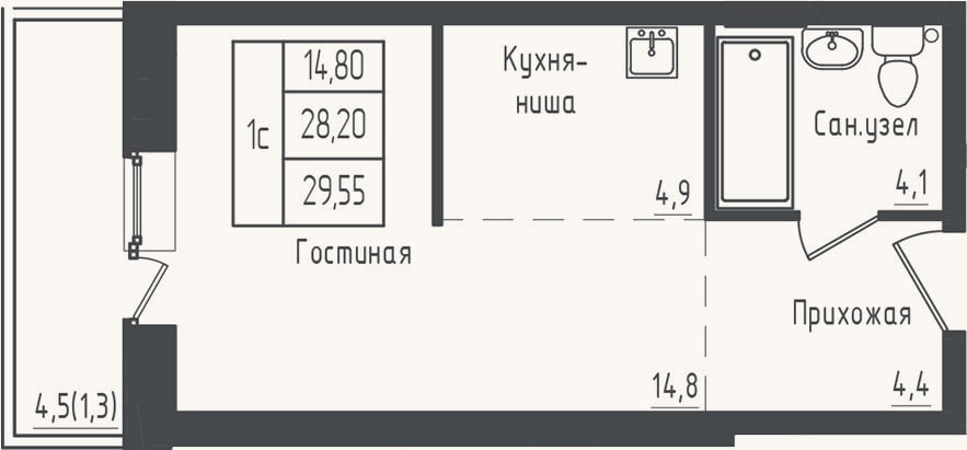 Планировка: Студия, 28,2 м²
