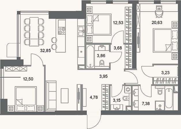 Планировка: 3-к, 108,5 м²