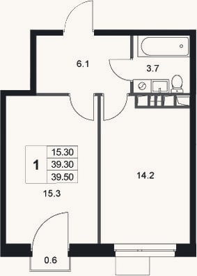 Планировка: 1-к, 39,3 м²