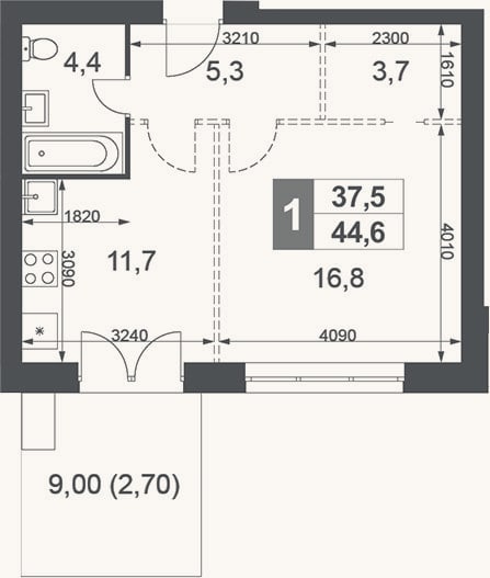 Планировка: 1-к, 41,9 м²