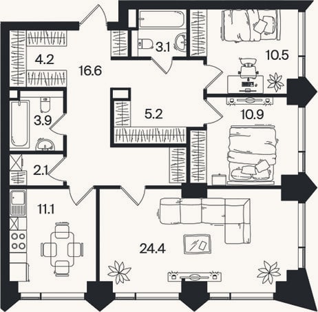 Планировка: 3-к, 92 м²