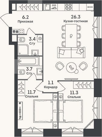 Планировка: 3-к, 63,7 м²