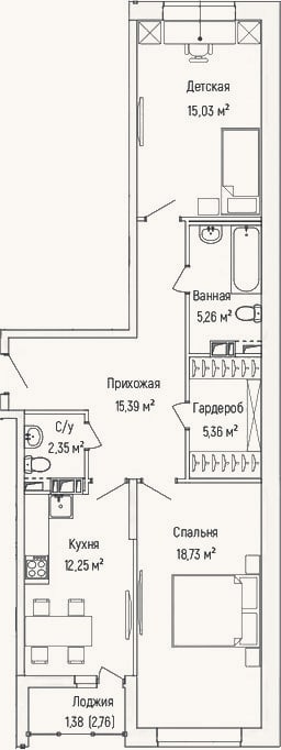 Планировка: 2-к, 72,8 м²