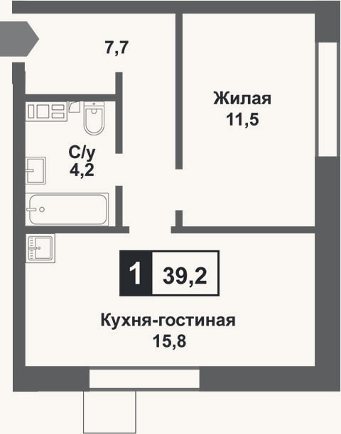 Планировка: 2-к, 39,2 м²