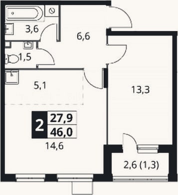 Планировка: 2-к, 44,7 м²