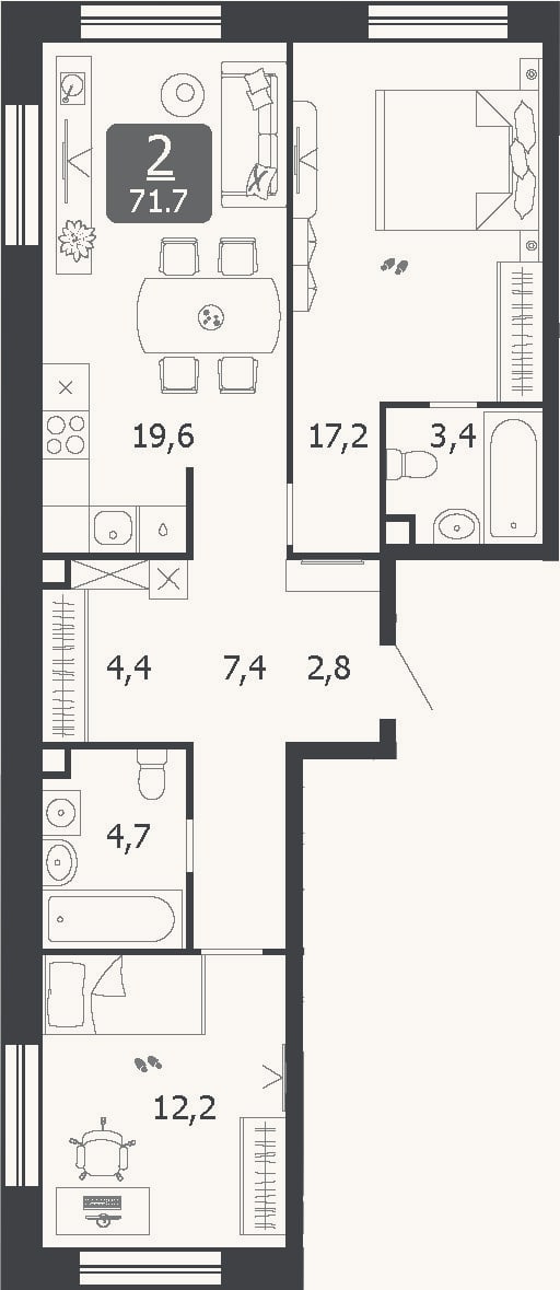 Планировка: 3-к, 71,7 м²