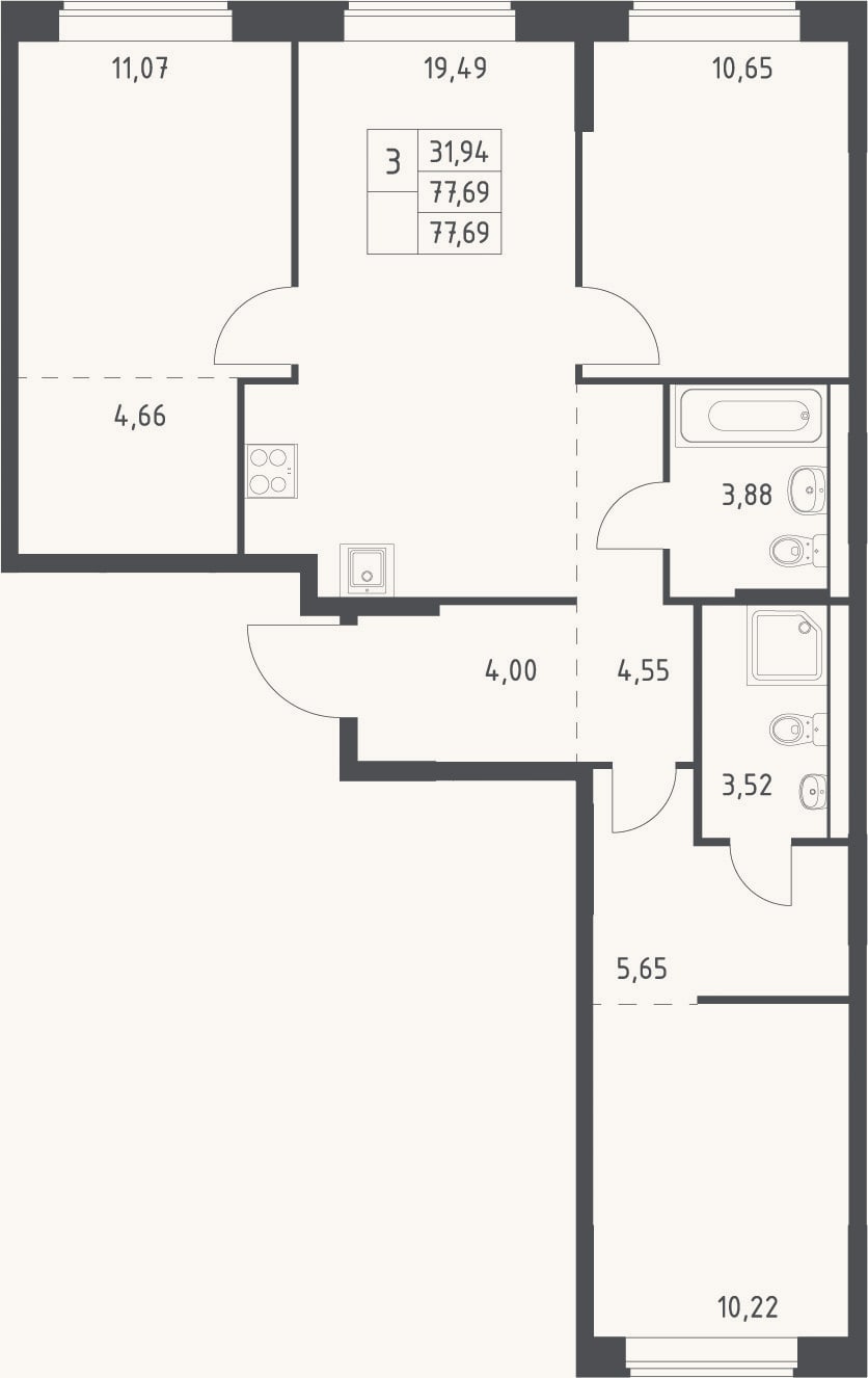 Планировка: 4+ к, 77,7 м²