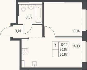 Планировка: 1-к, 30,9 м²