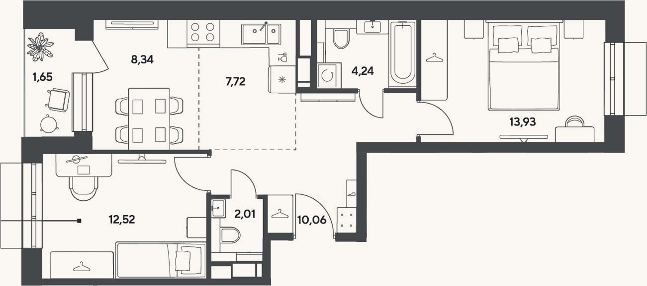 Планировка: 3-к, 58,8 м²