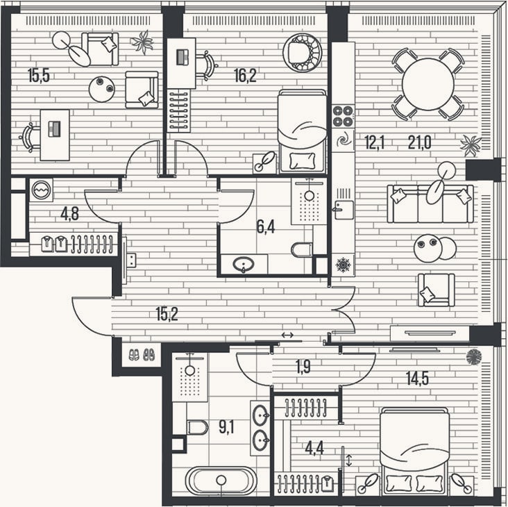 Планировка: 4+ к, 121,1 м²