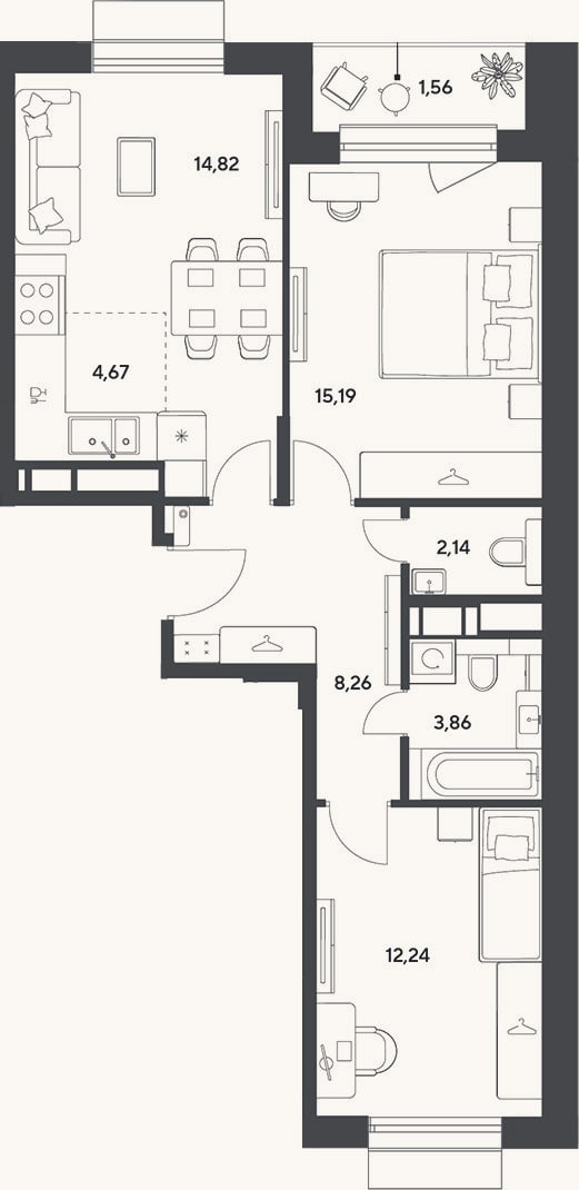 Планировка: 3-к, 61,2 м²