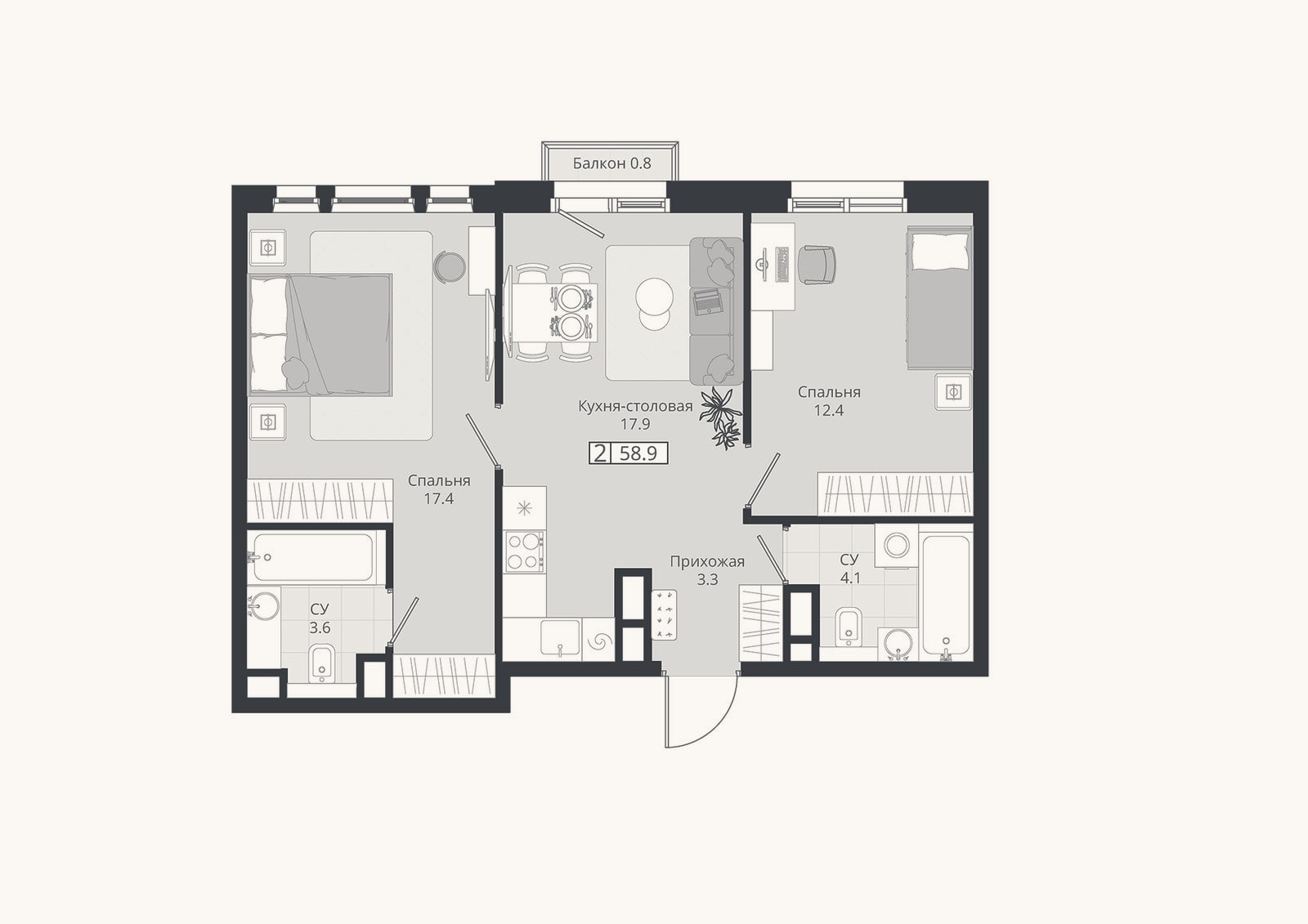 Планировка: 3-к, 58,7 м²
