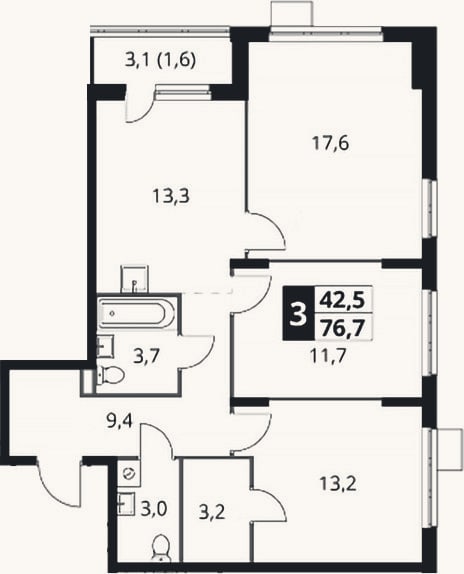 Планировка: 3-к, 75,1 м²