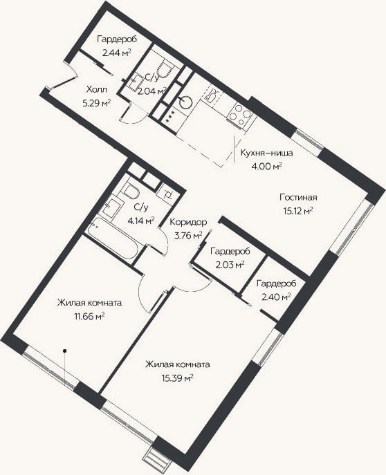 Планировка: 3-к, 68,3 м²