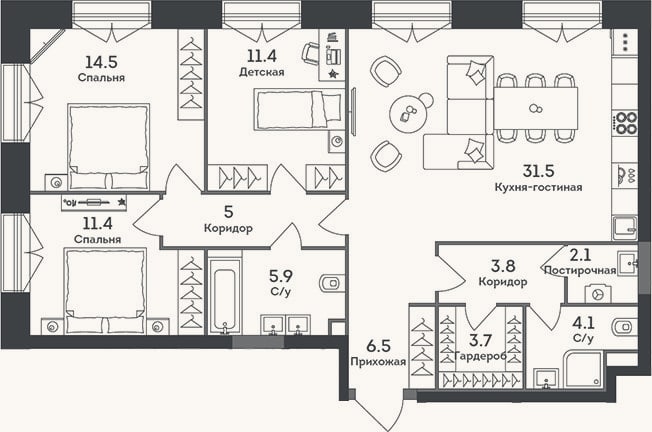 Планировка: 4+ к, 99,9 м²