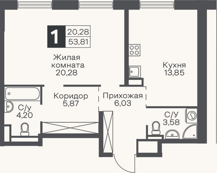 Планировка: 1-к, 53,8 м²
