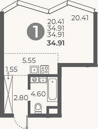 Планировка: Студия, 34,9 м²