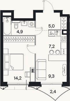 Планировка: 2-к, 39,6 м²