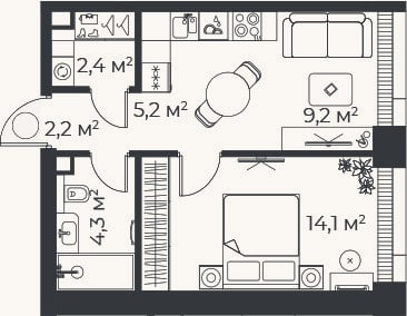 Планировка: 2-к, 37,4 м²