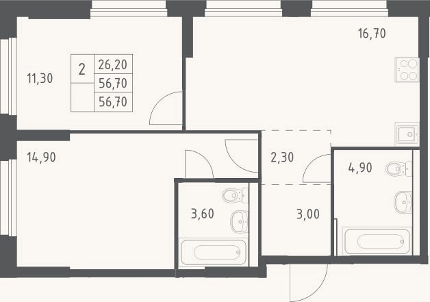 Планировка: 3-к, 56,7 м²