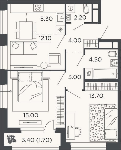 Планировка: 3-к, 59,8 м²