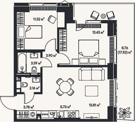 Планировка: 3-к, 57,5 м²