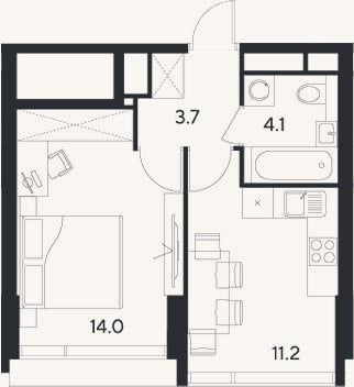 Планировка: 1-к, 33 м²