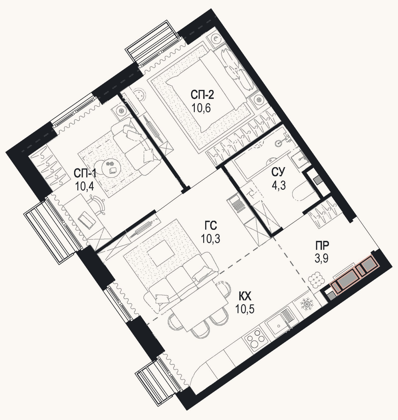 Планировка: 3-к, 50 м²