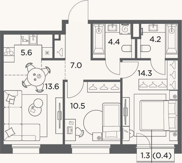 Планировка: 3-к, 59,6 м²