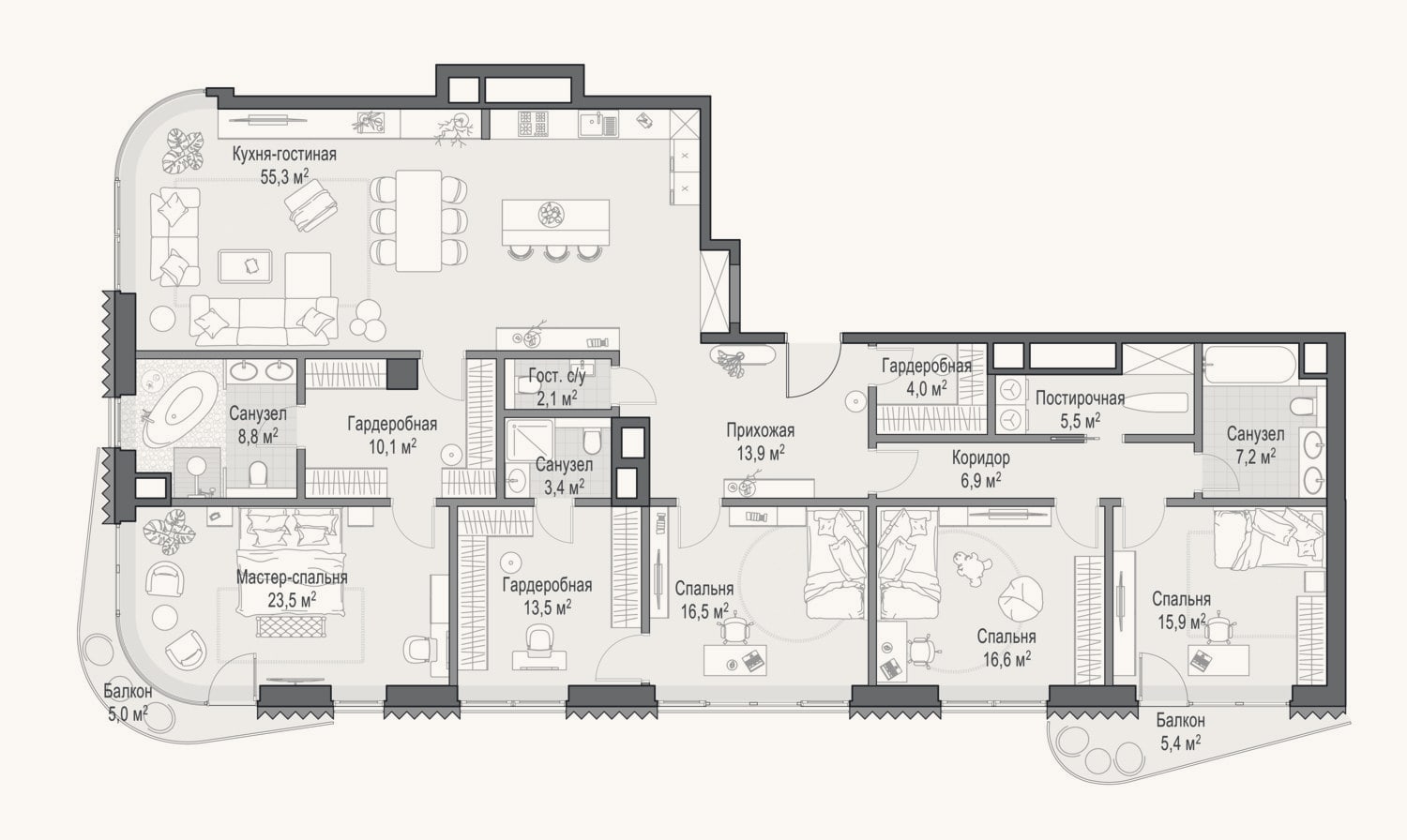 Планировка: 4+ к, 201,9 м²