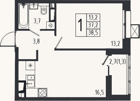 Планировка: 1-к, 37,2 м²