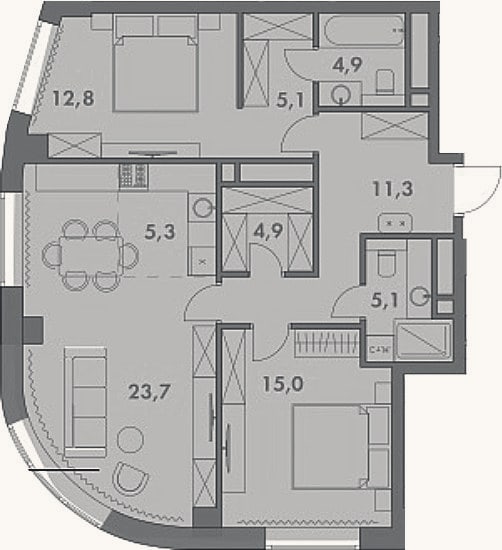 Планировка: 3-к, 88,1 м²