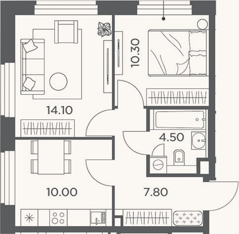 Планировка: 2-к, 46,7 м²