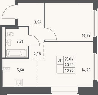 Планировка: 2-к, 40,9 м²
