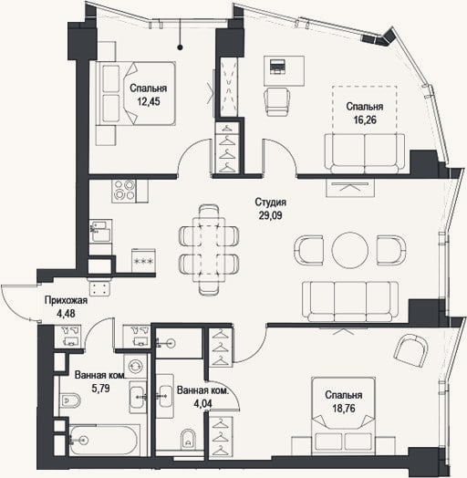 Планировка: 4+ к, 90,9 м²