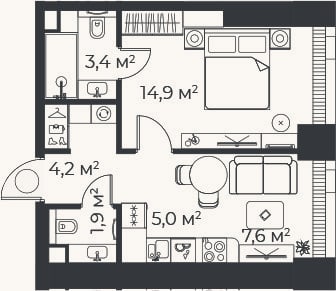 Планировка: 2-к, 36,9 м²