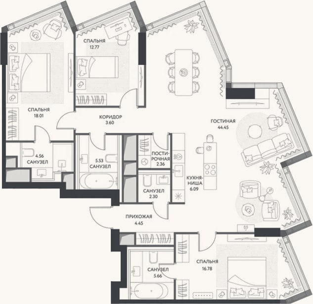 Планировка: 4+ к, 126,7 м²