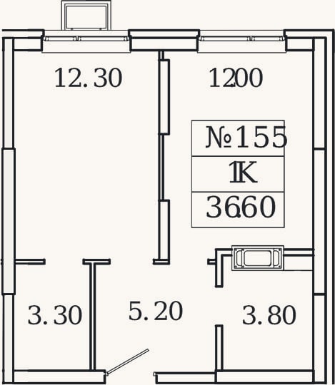 Планировка: 1-к, 36,6 м²