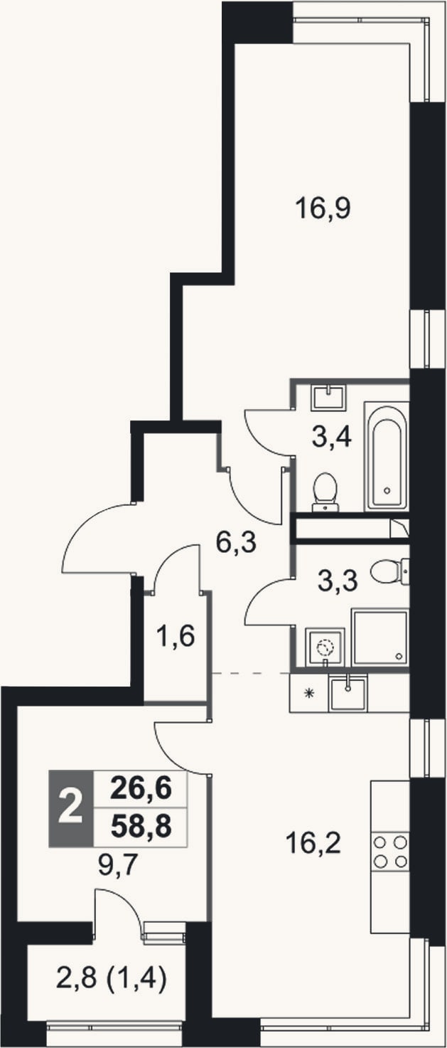 Планировка: 3-к, 57,4 м²