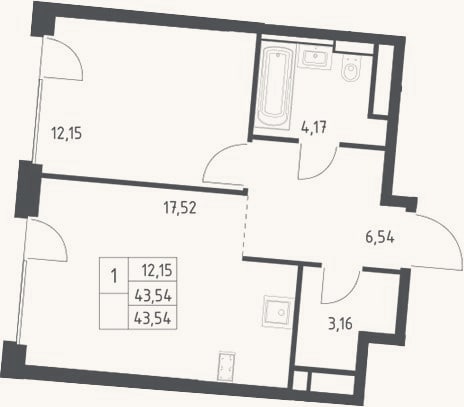 Планировка: 2-к, 43,5 м²