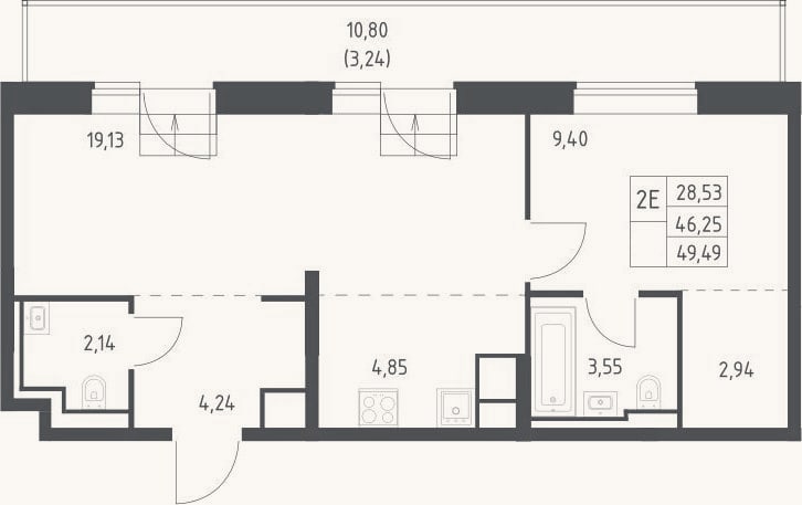 Планировка: 2-к, 46,3 м²