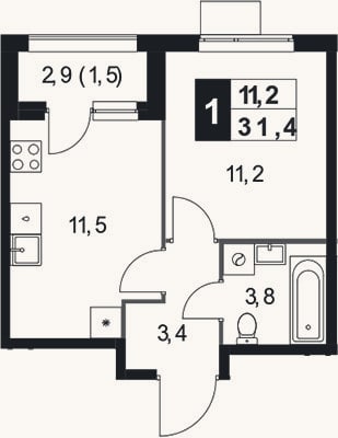 Планировка: 1-к, 29,9 м²