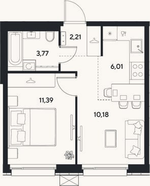 Планировка: 2-к, 33,6 м²