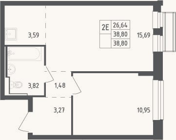 Планировка: 2-к, 38,8 м²