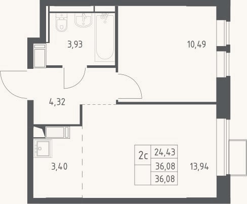 Планировка: 2-к, 36,1 м²