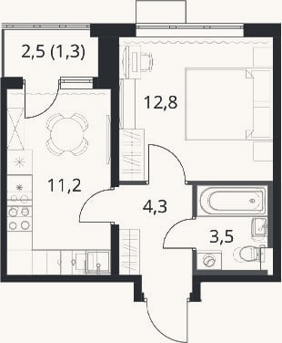 Планировка: 1-к, 31,8 м²